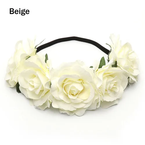 Beige HOOH женский свадебный цветок корона ободки Девушки Бохо повязка на голову для невесты аксессуары, ленты для волос лента бант Венок повязка на голову - Цвет: Beige