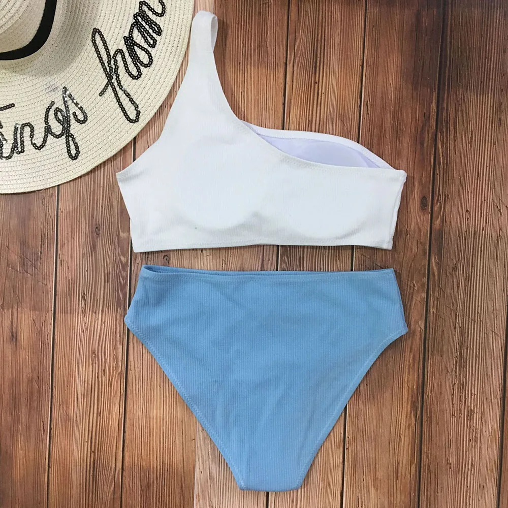 2019 Sexy High Waist Single Pit Cloth Solid Prtchwork Open Back Swimsuit Bikini Set Swimwear Women Bathing Suit Maillot | Женская одежда