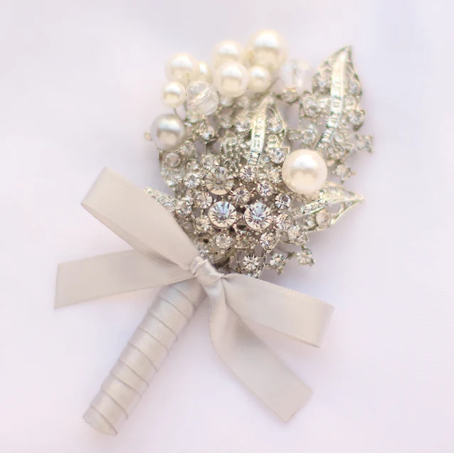 

Groom brooch corsages, Men Corsage, gold Ivory silver boutineer contracted style best man parents rhinestone pearl accessories