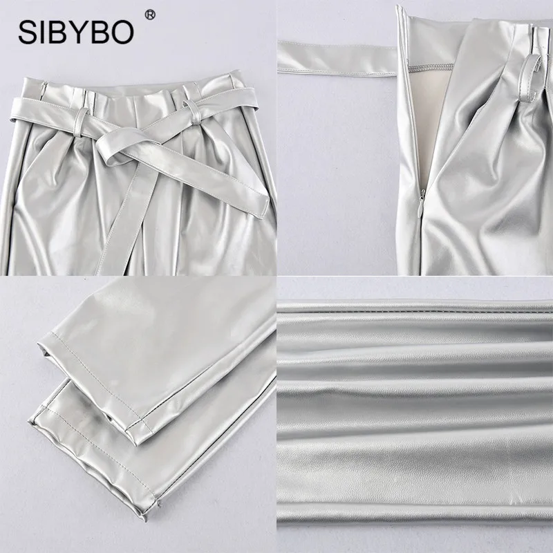 Sibybo/повседневные женские брюки с высокой талией из искусственной кожи; осенние модные узкие брюки на завязках; женские уличные брюки с карманами