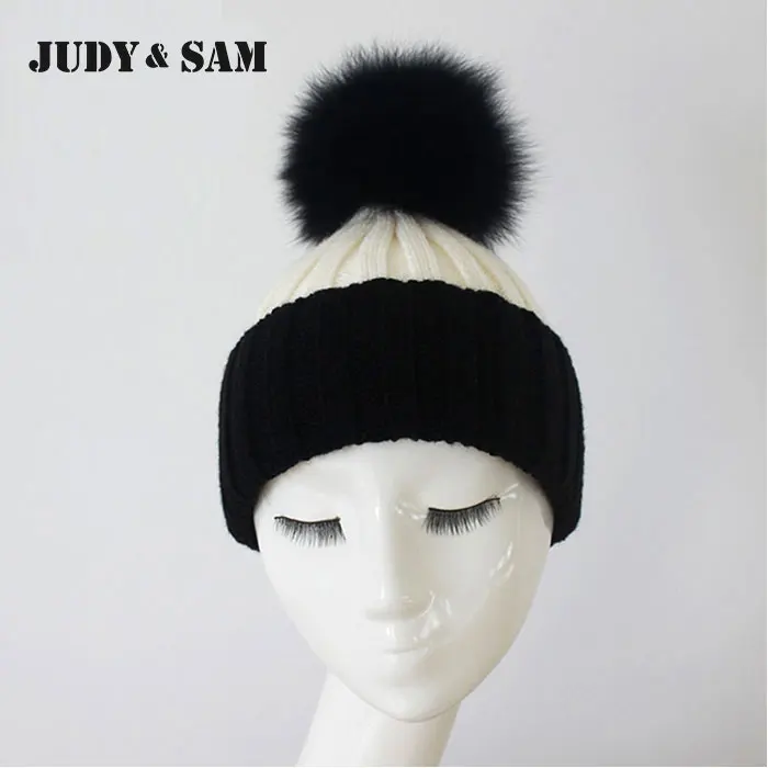 Мода женские зимние трикотажные меховые шапки с реальным мех енота Pompoms ухо protect