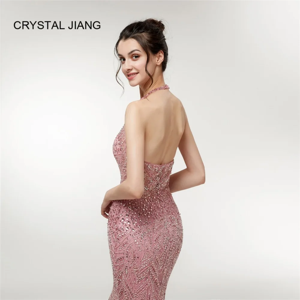 

2019 Luxury Sexy Halter V Neck Prom Gown Heavy Beaded Sleeveless Dusty Pink Mermaid Prom Long Elegant Dresses vestido festa