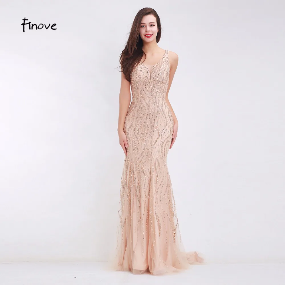 Женское вечернее платье с V образным вырезом и бусинами|champagne evening dress|designer dressesevening