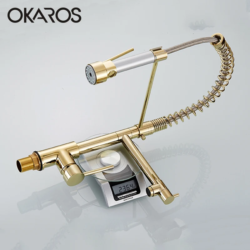 OKAROS кухонный медный кран Выдвижной двойной опрыскиватель Золотой готовой сосуд