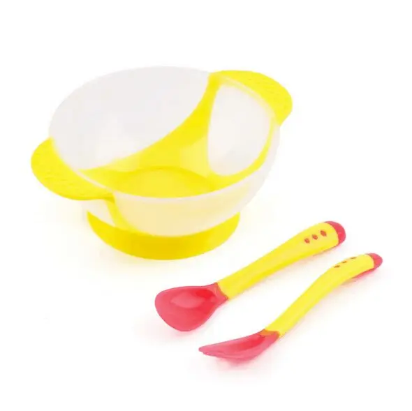 yellow bowl set Детская миска+ ложка с датчиком температуры+ вилка, миска для кормления детей, набор детской посуды для обучения, набор посуды - Цвет: yellow bowl set