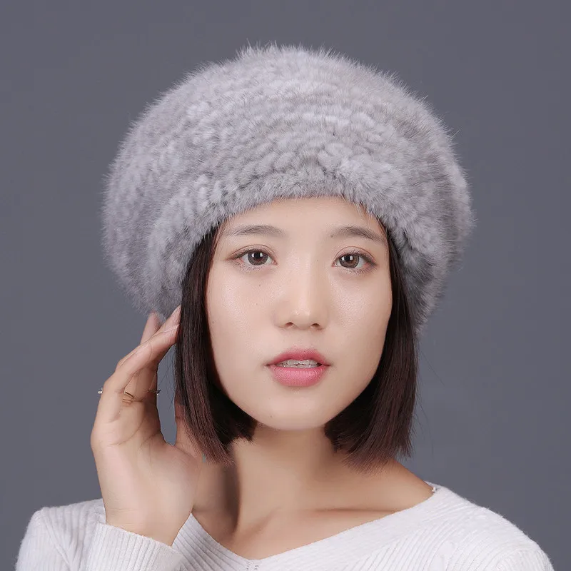 Natural mink fur berets for women winter fall warm knitted fur caps  gray beige red colors big fur pom pom  baggy fur hats H126