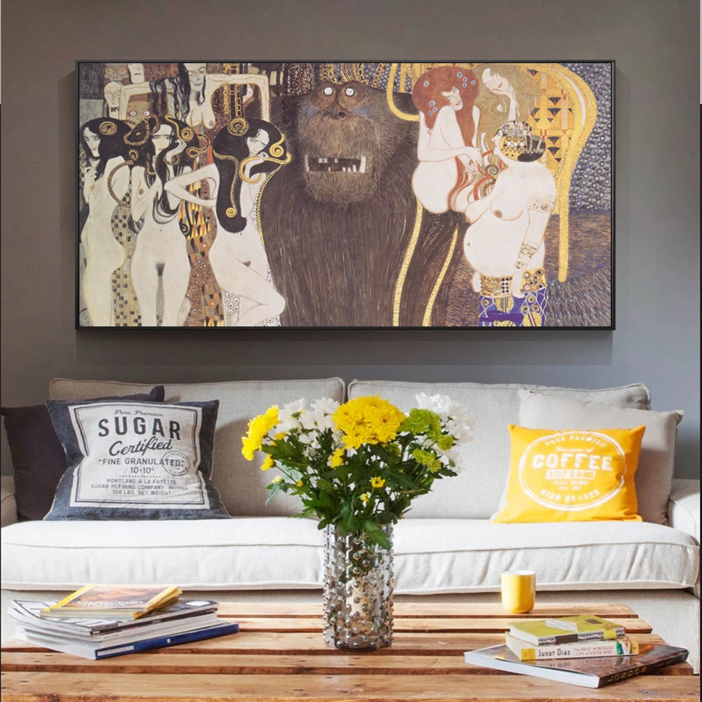 Gustav Klimt Paintings Reproductions On The Wall Beethoven Frieze Art Canvas Prints Nude Cuadros Pictures For Living Room | Дом и сад