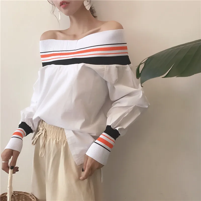 Hzirip Для женщин открытыми плечами полосатый Топы корректирующие Модная рубашка