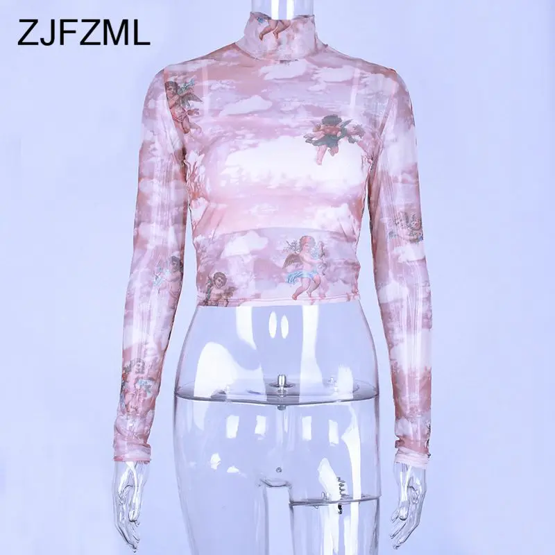 Ангел с принтом Прозрачная Сексуальная Сетчатая футболка для женщин длинным