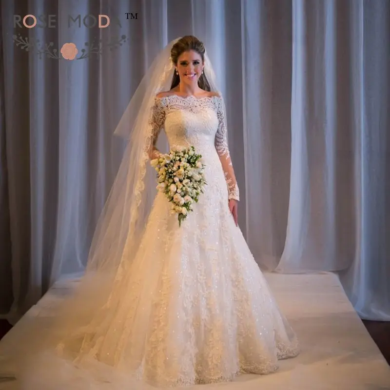 

Rose Moda Long Sleeves Wedding Dress 2019 Off Shoulder Lace Bridal Dresses with Beadings