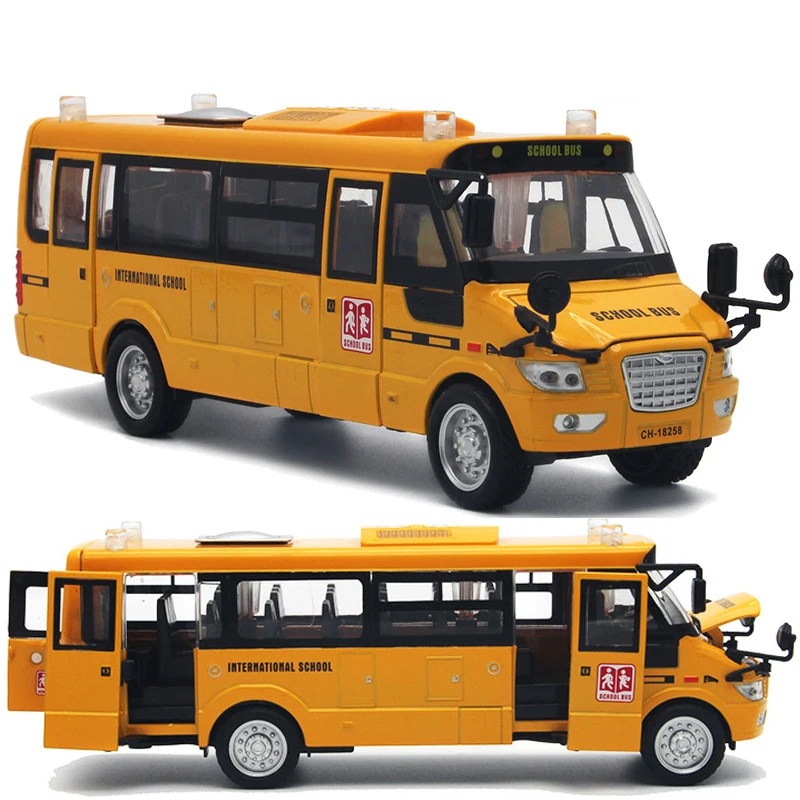 

Large Alloy American Tautou Bull School Bus Model Toy Car 5 Open Doors Design Lights Sound Music Pull Back School Bus Car Toy