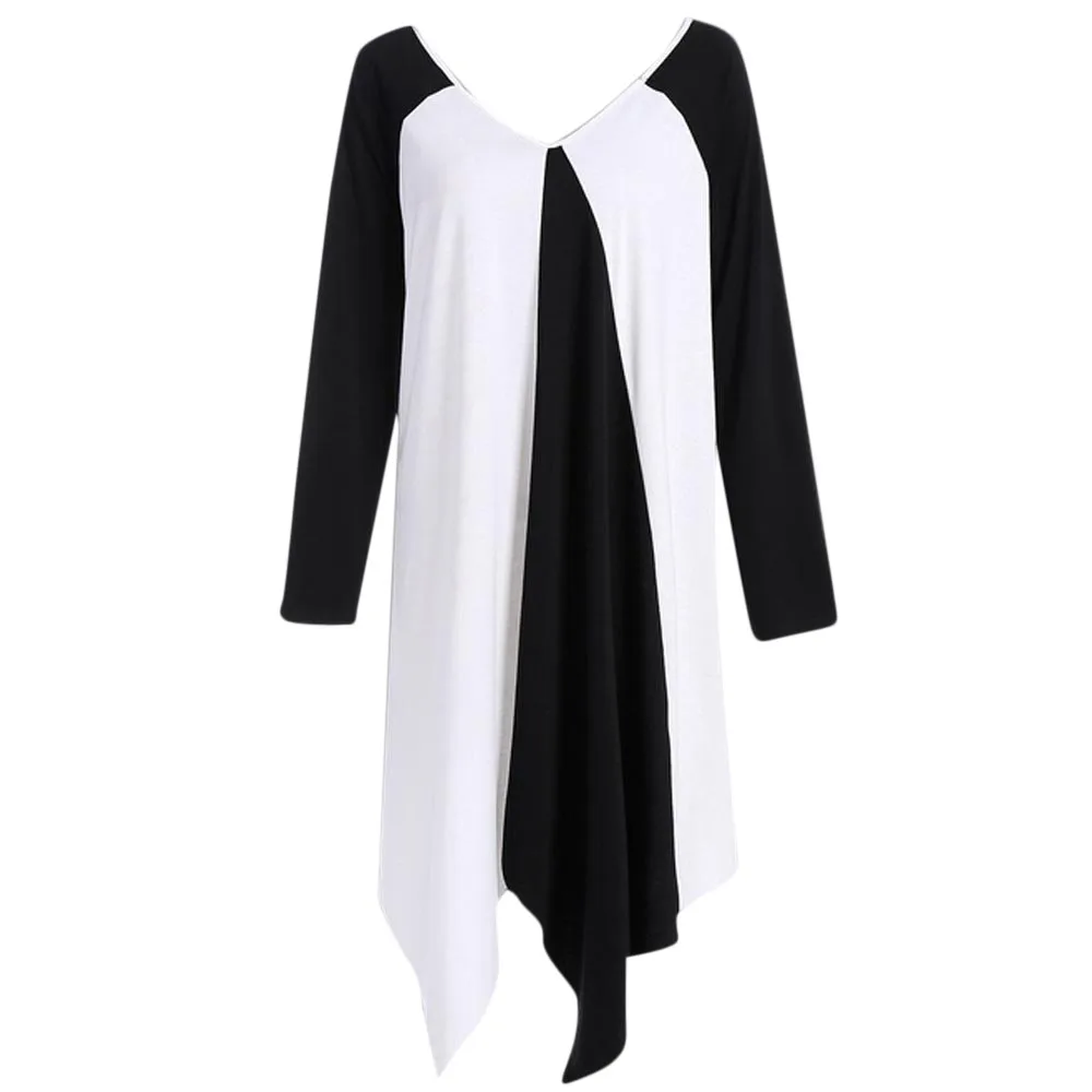 Большие размеры Модные женские повседневные Длинные рукава прошитый Подол