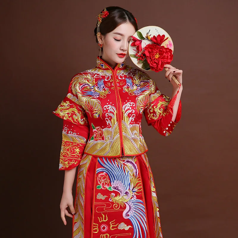 Женское традиционное свадебное платье Qipao красное невесты с вышивкой Феникса в