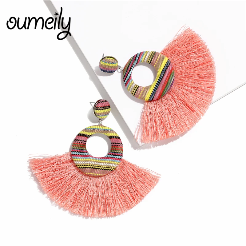 Женские богемные длинные серьги с кисточками OUMEILY большие круглые массивные