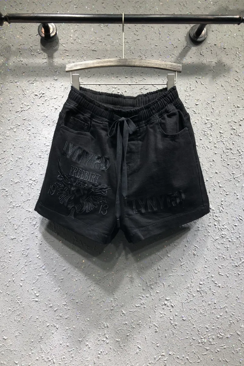 Spring and Autumn New Type Embroidery Letter Tight waist Jeans Shorts Women's Loose Slim Bottom Broad Legs 50NDK21 | Женская одежда