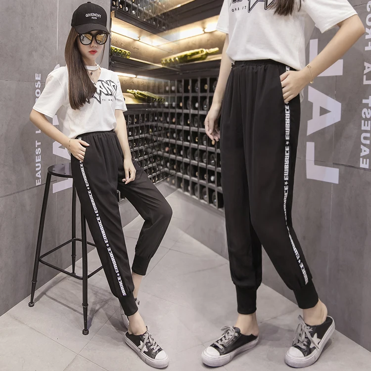 2019 новые женские штаны с буквенными наклейками черная высокая талия шифон
