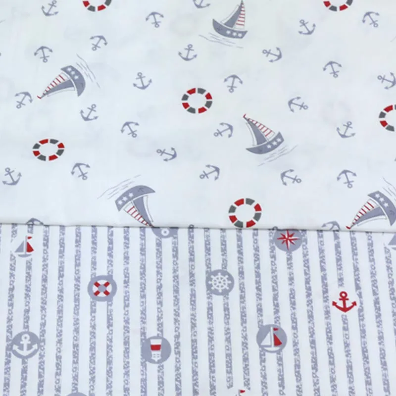 

100% cotton twill cloth marine style WHITE gray anchor yacht lighthouse fabric for DIY crib bedding cushion crafts handwork tela