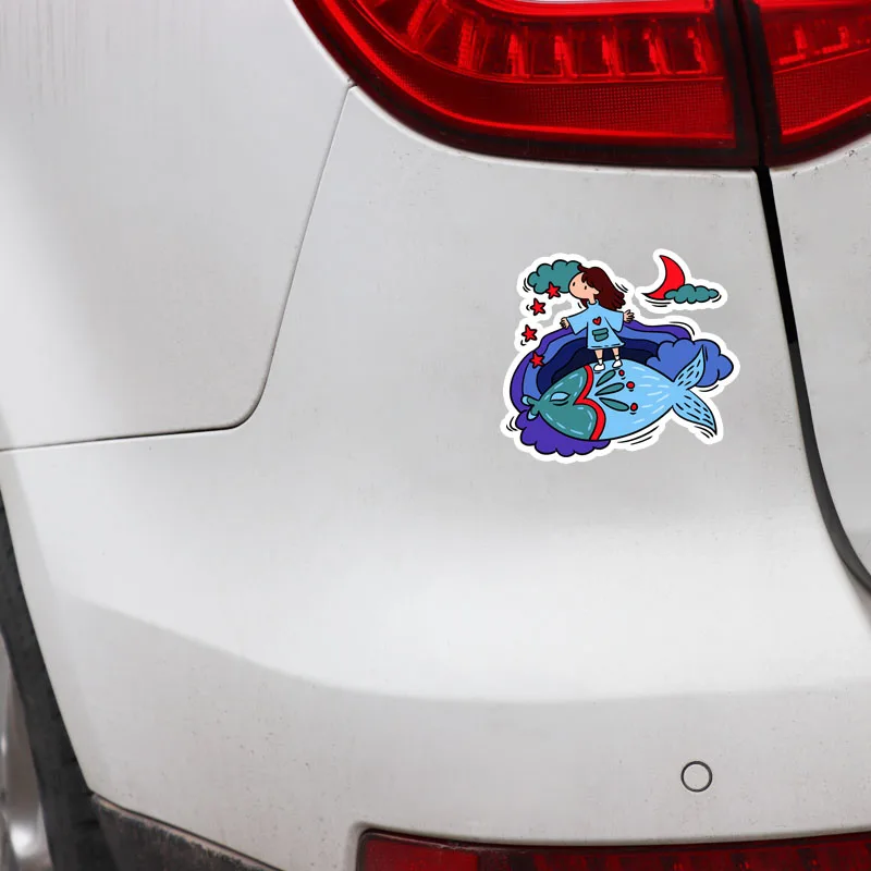 

YJZT 15.7CM*13.7CM Cartoon Cute Fish And Little Girl PVC Car Sticker Decal Graphical 5-0194