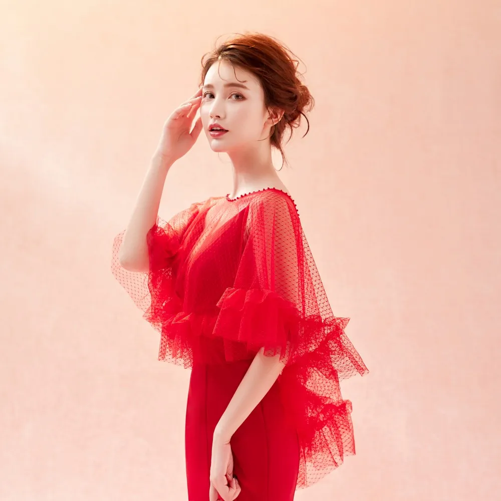 Настоящая фотография красная Свадебная шаль 2018 свадебное болеро в горошек