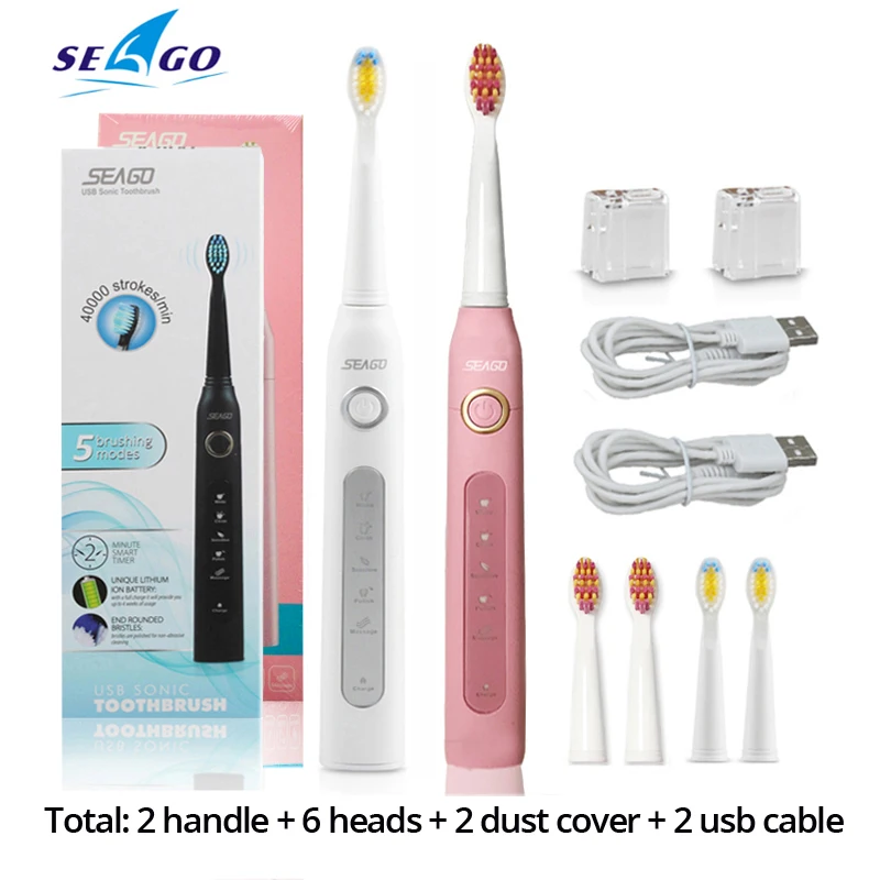 white pink 6heads Звуковая электрическая зубная щетка SG-507 для взрослых с таймером отбеливающая щетка для зубов 5 режимов USB перезаряжаемые сменные головки зубных щеток подарок - Цвет: white pink 6heads