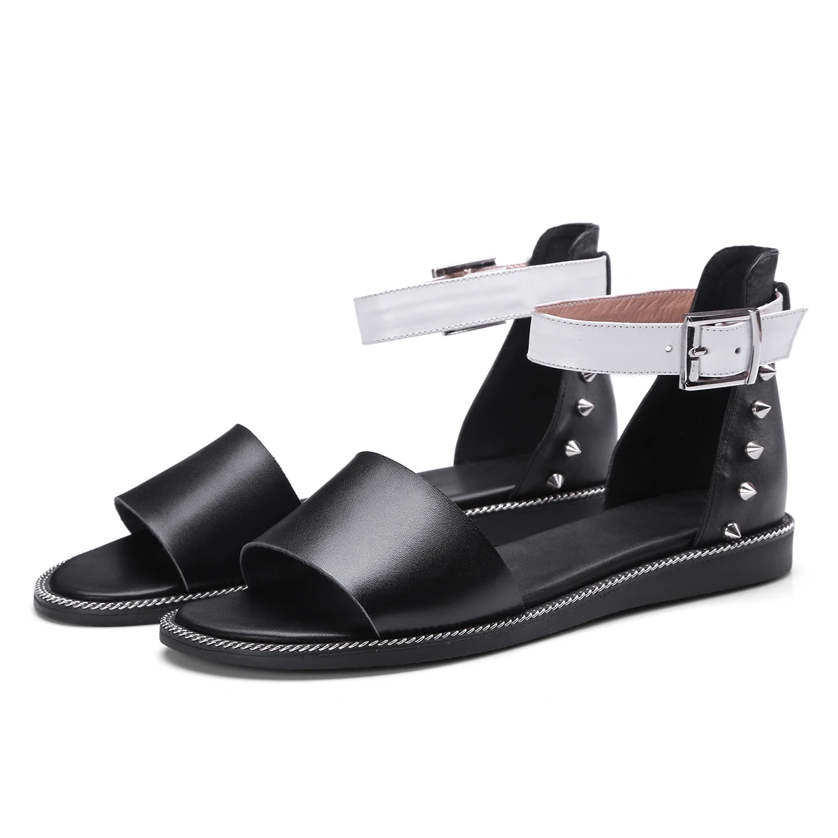 ESRFIYFE chaussures femme ete; коллекция года; Летняя обувь из натуральной кожи; Модные женские сандалии на плоской подошве; Повседневная пляжная женская обувь - Цвет: Черный