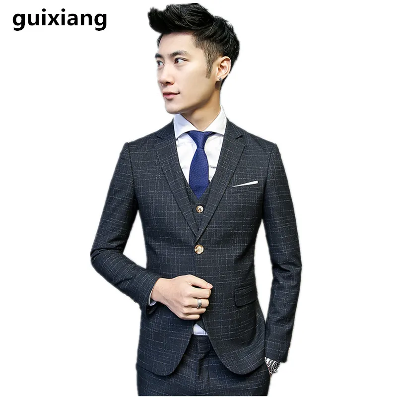

(Jacket+Vest+Pants)Men Slim Fit Suits men's Wedding Suits Business single breasted High quality men's casual Striped suits Men