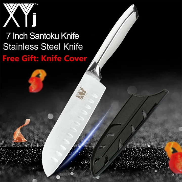 E.7 inch Santoku XYj поварской нож, кухонный нож, 8 дюймов, поварской нож N1, немецкий Высокоуглеродистый нож из нержавеющей стали, полная ручка, Бесплатный нож, крышка - Цвет: E.7 inch Santoku