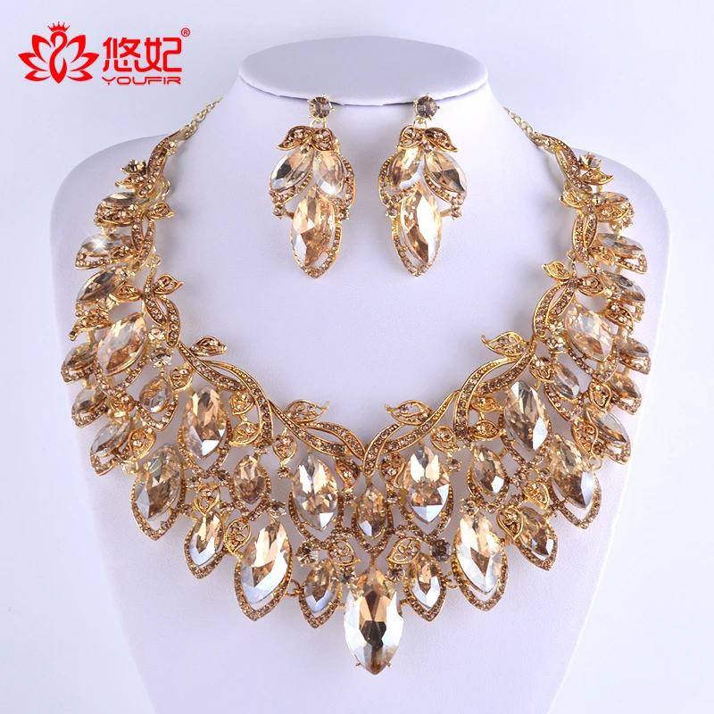 

gorgeous Champagne color jewelry sets for bridal wedding party necklace and earrings set dubai fashion big jewelry earrings