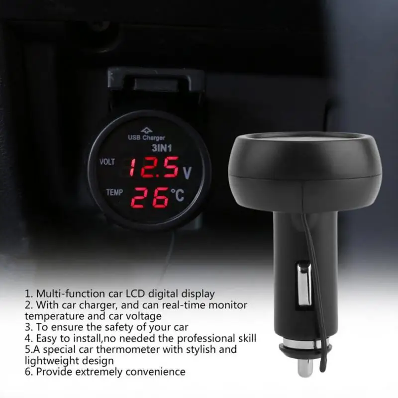 3 в 1 Многофункциональный Автомобильный вольтметр бортовой термометр цифровой