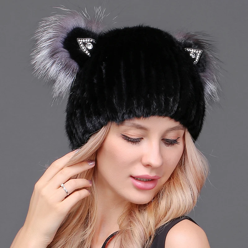 Новая женская меховая шапка с кошачьими ушками зимняя из меха норки настоящие