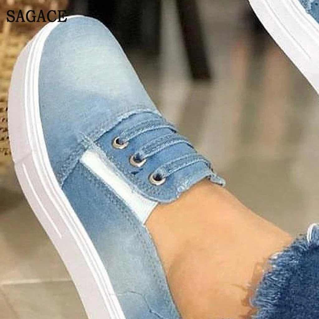 Повседневная женская обувь джинсовая на плоской подошве с круглым носком
