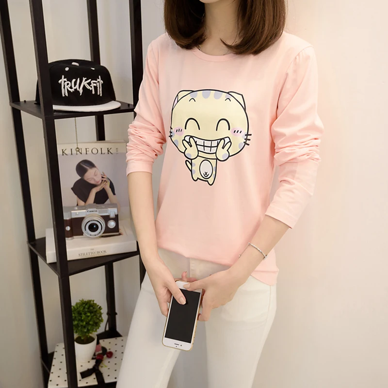 Remeras Mujer 2018 Autumn Funny Tee Shirts Women Cotton Tshirts O-Neck Cartoon Cat Womens Long Sleeve Top Tshirt Korean Clothes | Женская