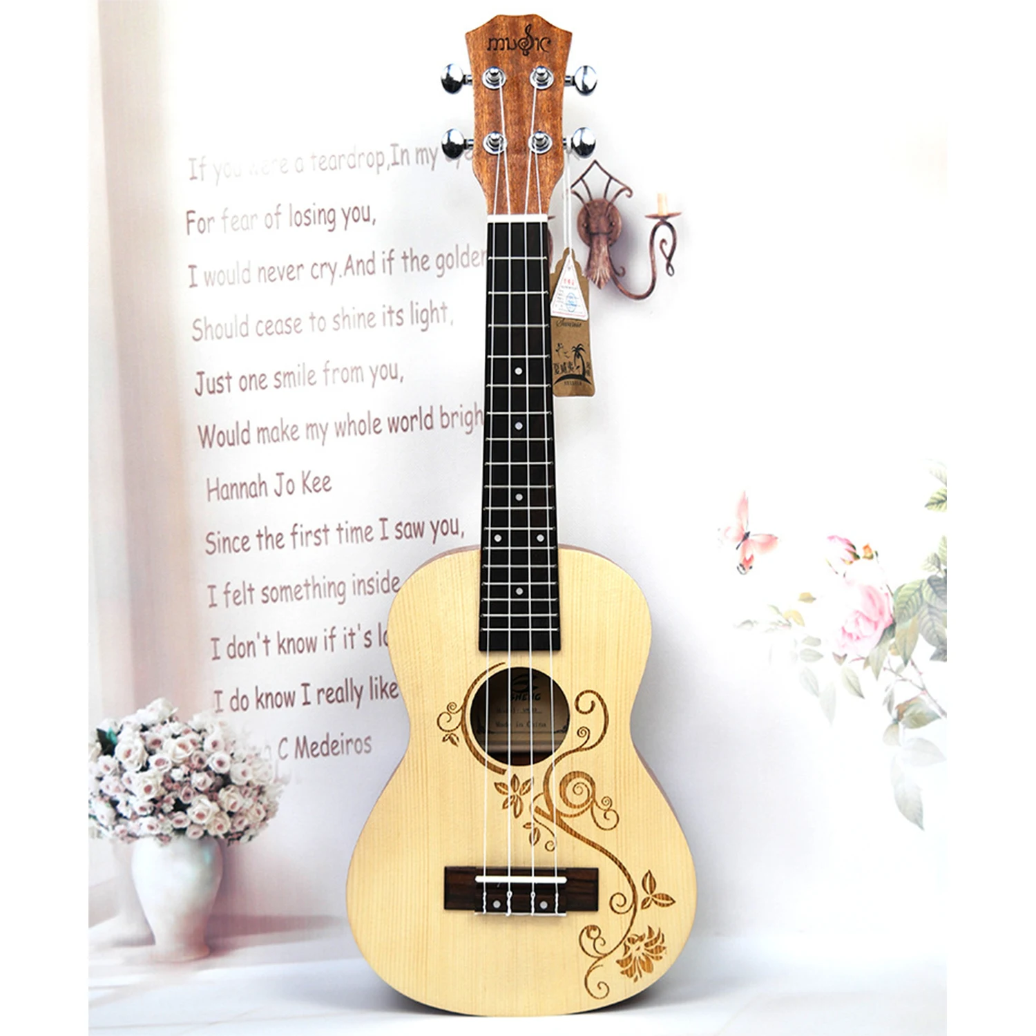 

26" tenor Spruce Arabesque 4 Strings ukelele Hawaii mini small guita travel acoustic guitar Uke Concert ukulele Free Shipping