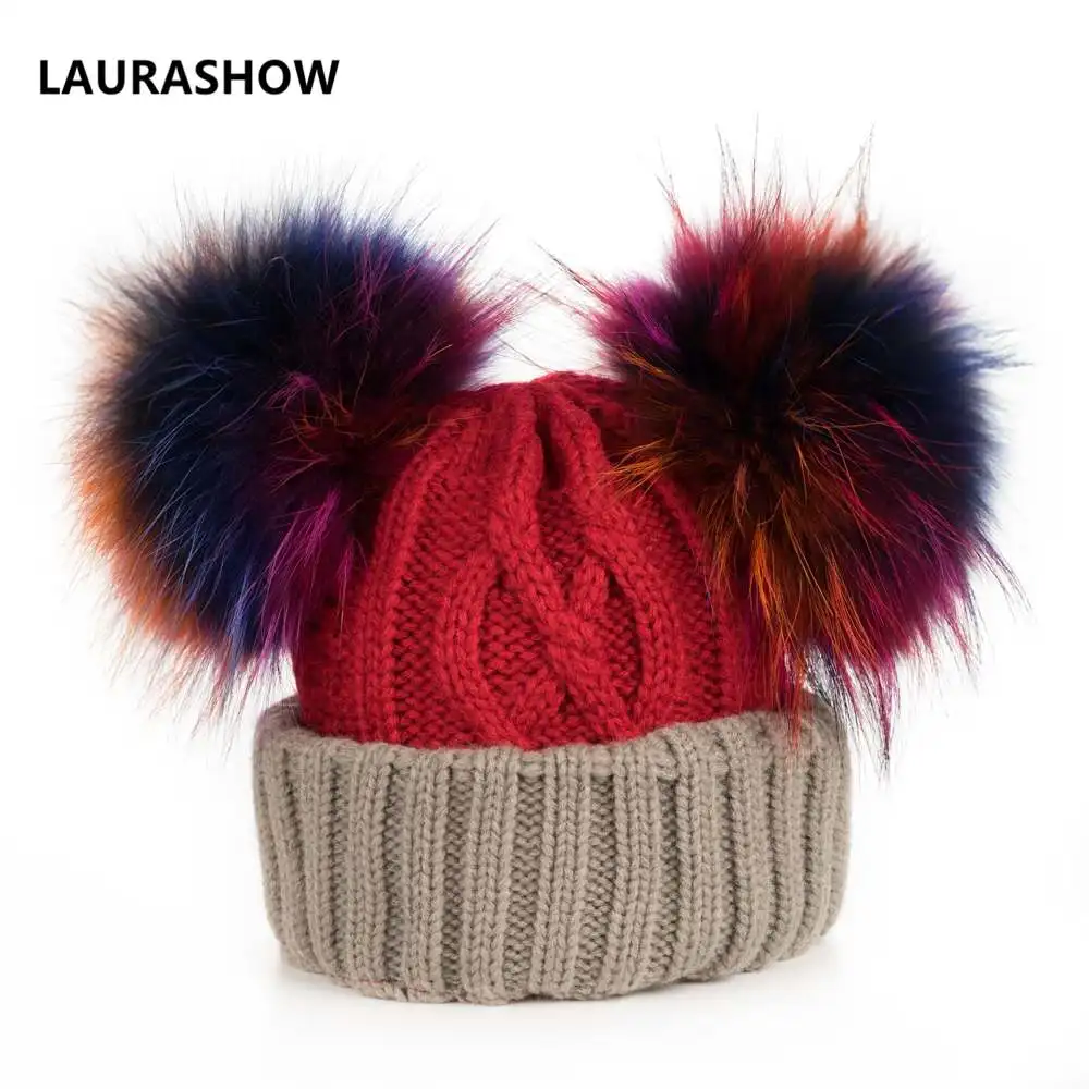 multi pompoms Детская Зимняя Шапка-бини с натуральным норковым мехом 16 см, вязаная шапка, детская теплая шапка с разноцветными помпонами из енота, вязаные шапочки шерстяные шапки - Цвет: multi pompoms