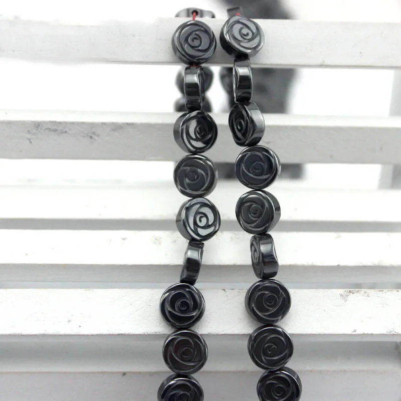 Free Shipping 6x6MM Bail Double Side Craved Rose Flower Natural Coin Shape Hematite Loose Spacer Beads 15&quot|bead trend|beaded lariatbeaded flower