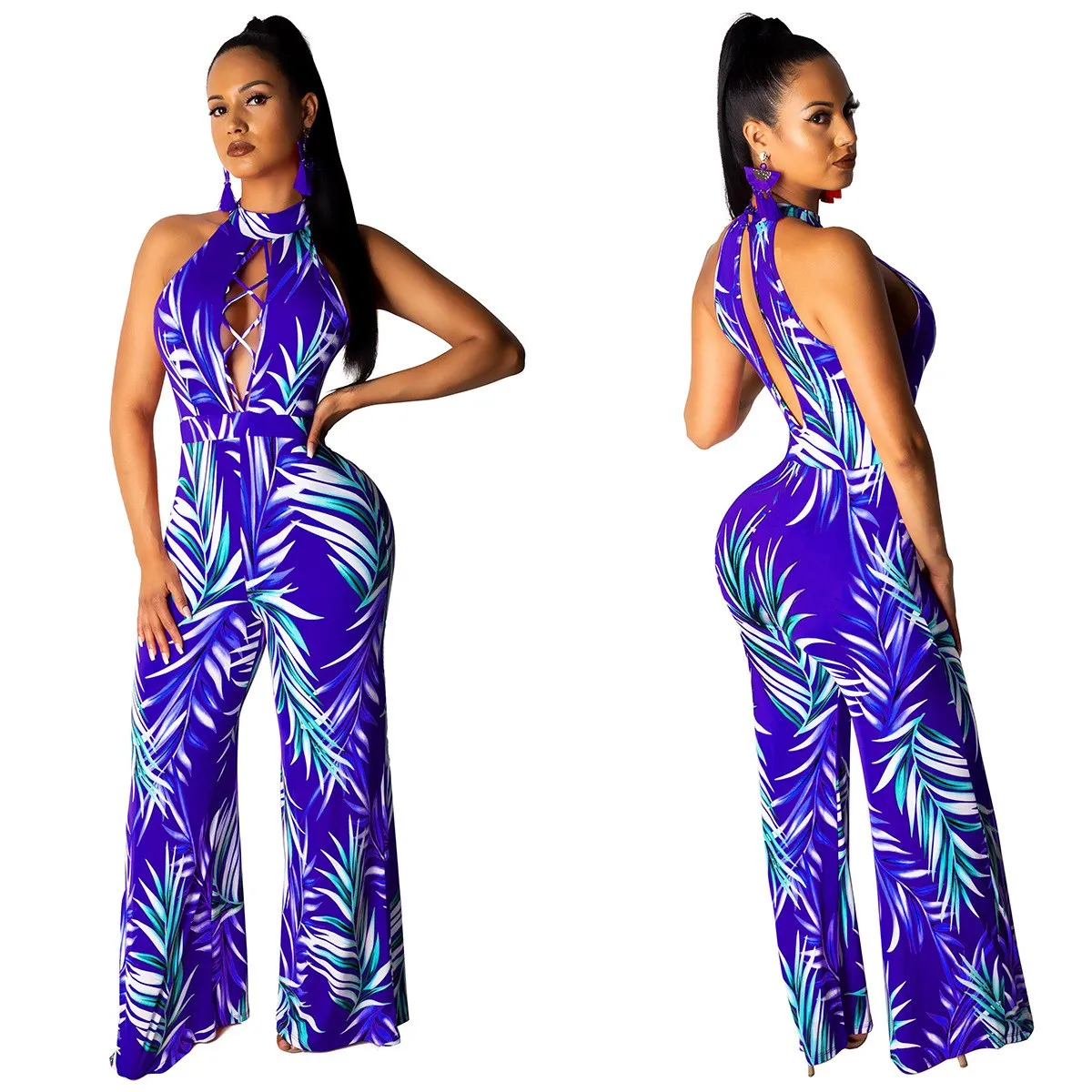 Women Sexy Halter Backless Print Floral Jumpsuit Casual Off Shoulder Hollow Out Wide Leg Rompers Straight Summer Long Overalls | Женская