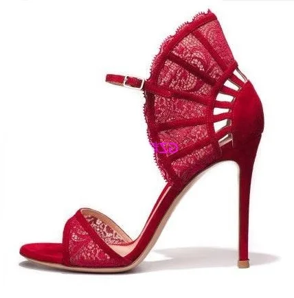 

Women Black Lace High Heel Pumps Fan-shaped Ankle Strap Wedding Dress Shoes Cut-out Pointed toe Bride Heels Lady Shoes Plus Size