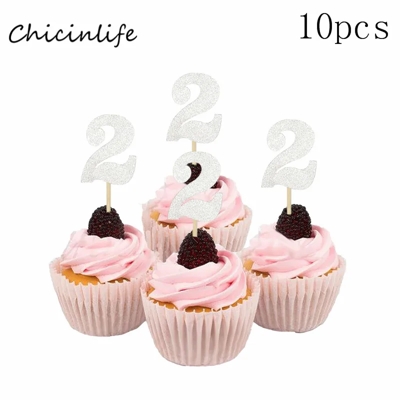 Chicinlife 10 шт. два украшения для капкейков 2nd День Рождения украшения 2 украшения для кексов напиток соломы юбилей поставки - Цвет: silver 2