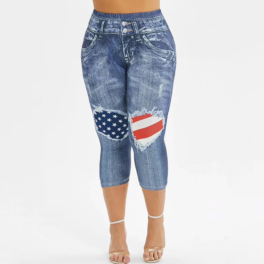 Ladies large size flag printed pants blue Summer Casual Trousers American Flag Printed Skinny Capri Plus Size Standard Pants 6.8 | Женская