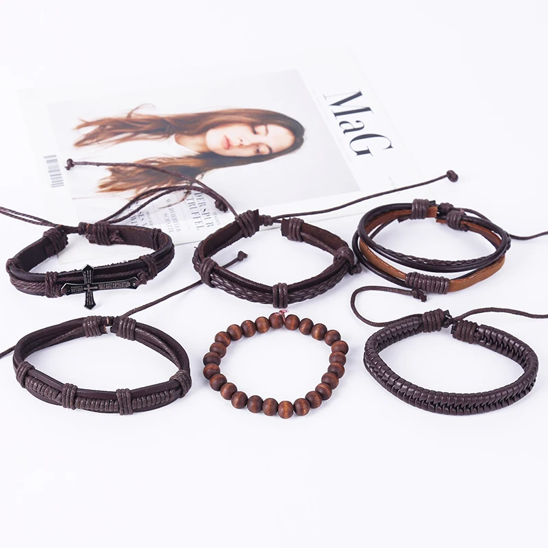 6pcs/set punk hippie dark brown Leather cord braiding knots maple tree leaf tag cross charm Layer wrap Bracelets Bangles for man | Украшения