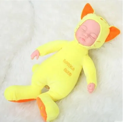 Yellow cat 25/35 см спящий младенец куклы Reborn с милыми животными, плюшевая кукла игрушечный олень, детский приятель кровать игрушки, силиконовые перерожденные куклы младенцы, с музыкой - Цвет: Yellow cat