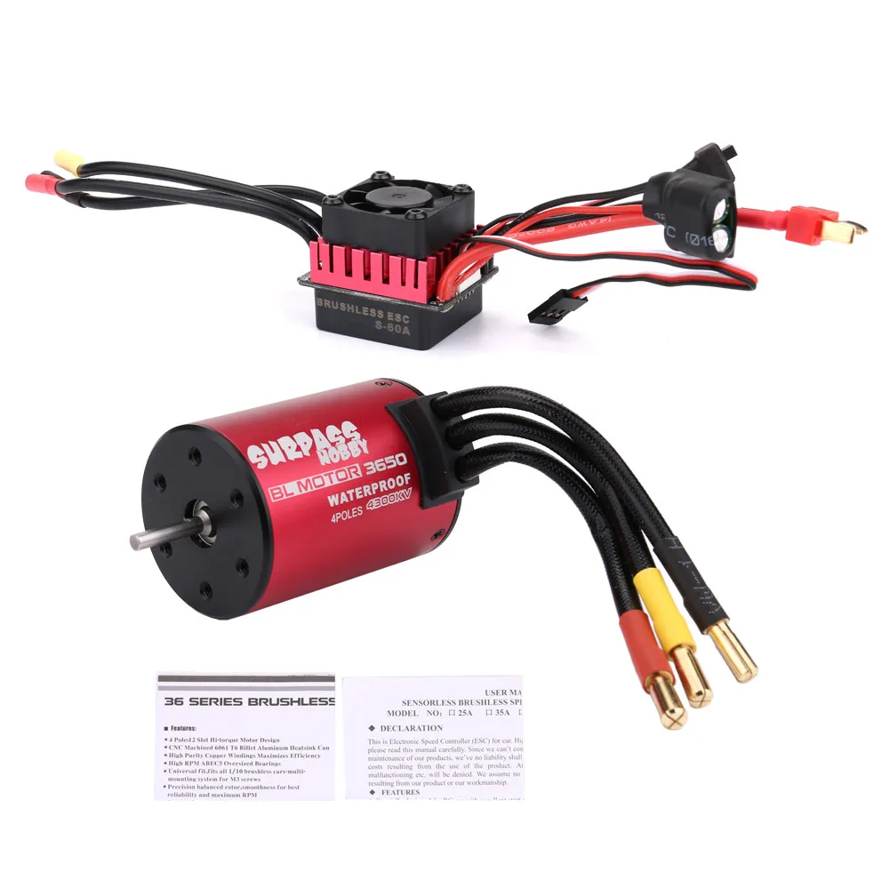 Водонепроницаемый 3650 4300KV бесщеточный мотор + 60A ESC контроллер скорости для 1/10 RC