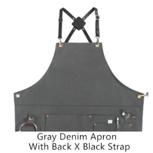 GrayDenimBlackXStrap Черный серый джинсовый фартук с кожаным ремешком для парикмахера, парикмахера, художника, флориста, рабочая одежда бариста, бармена, пекаря, барбекю, шеф-повара, униформа K37 - Цвет: GrayDenimBlackXStrap