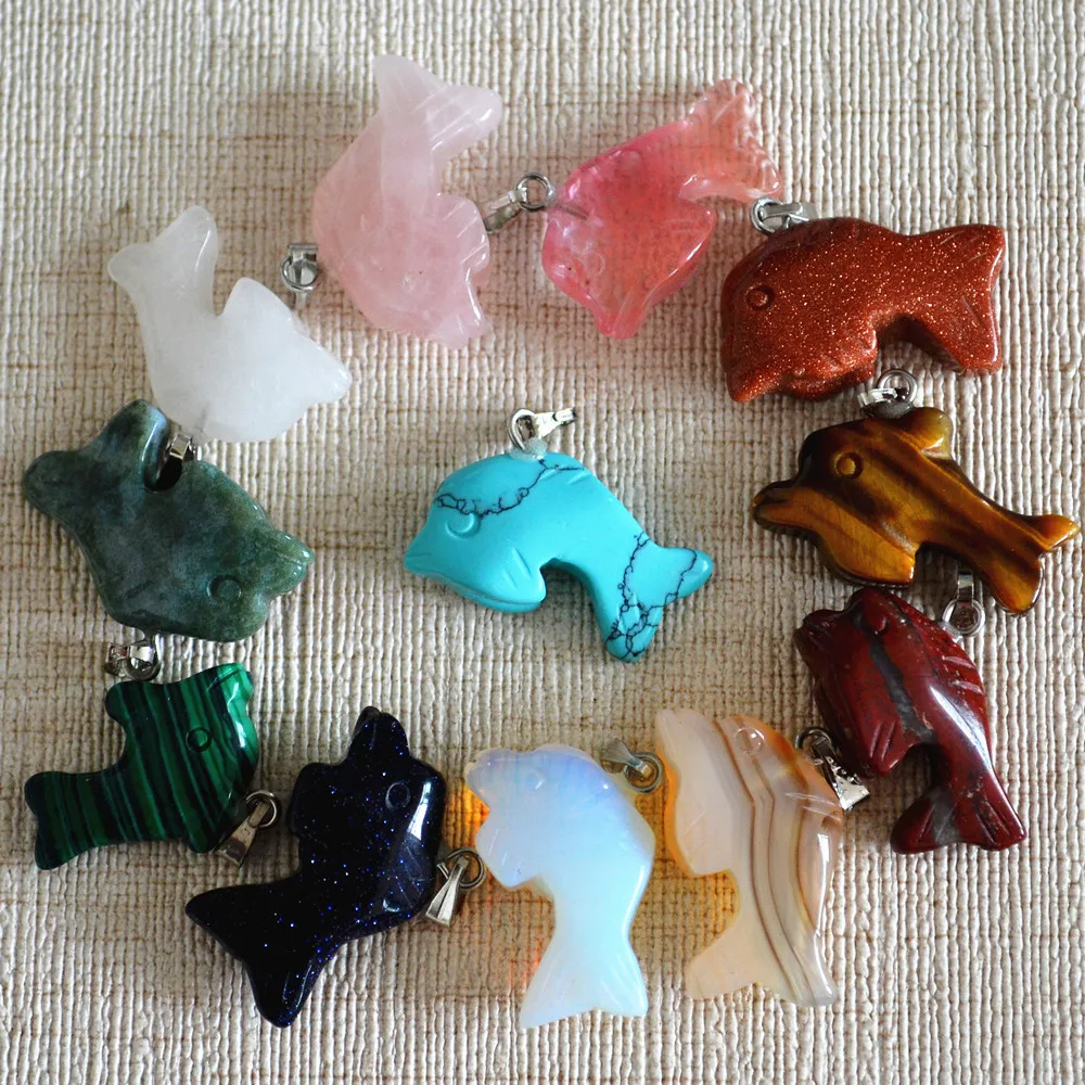

Hot New 2021 Mixed Fashion Natural Stone Pendants Dolphin Picasso Stone Charms For Necklaces Jewelry Making 12Pcs Wholesale Lot