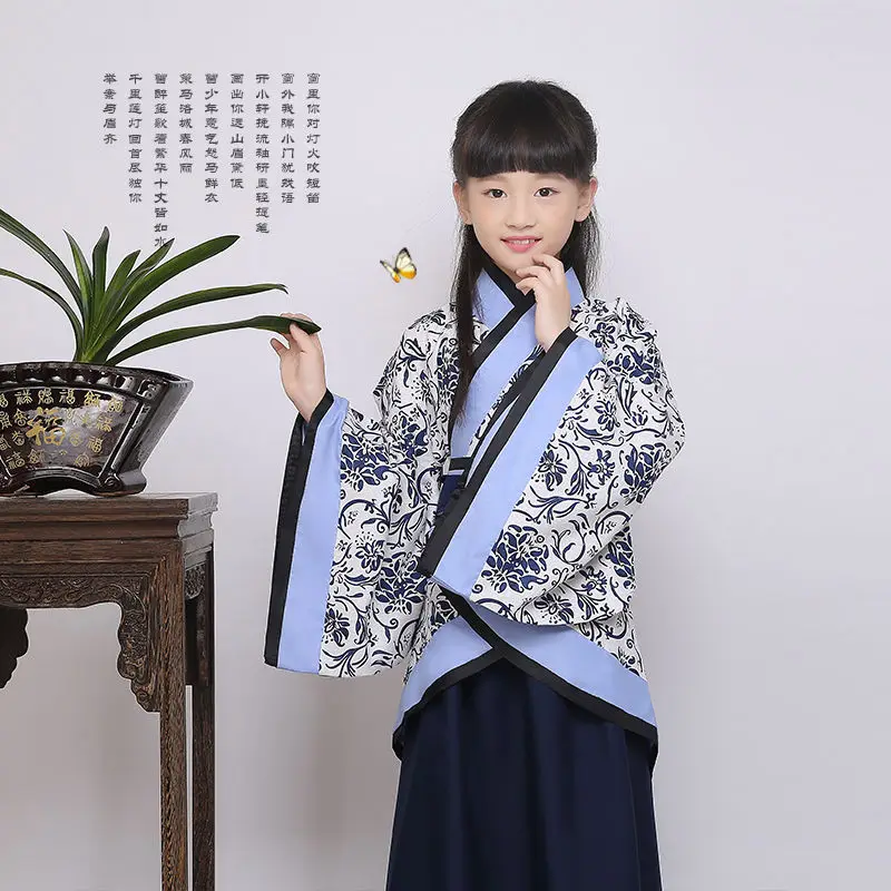 Высокое качество китайский детский костюм Hanfu одежда синий/красный/розовый