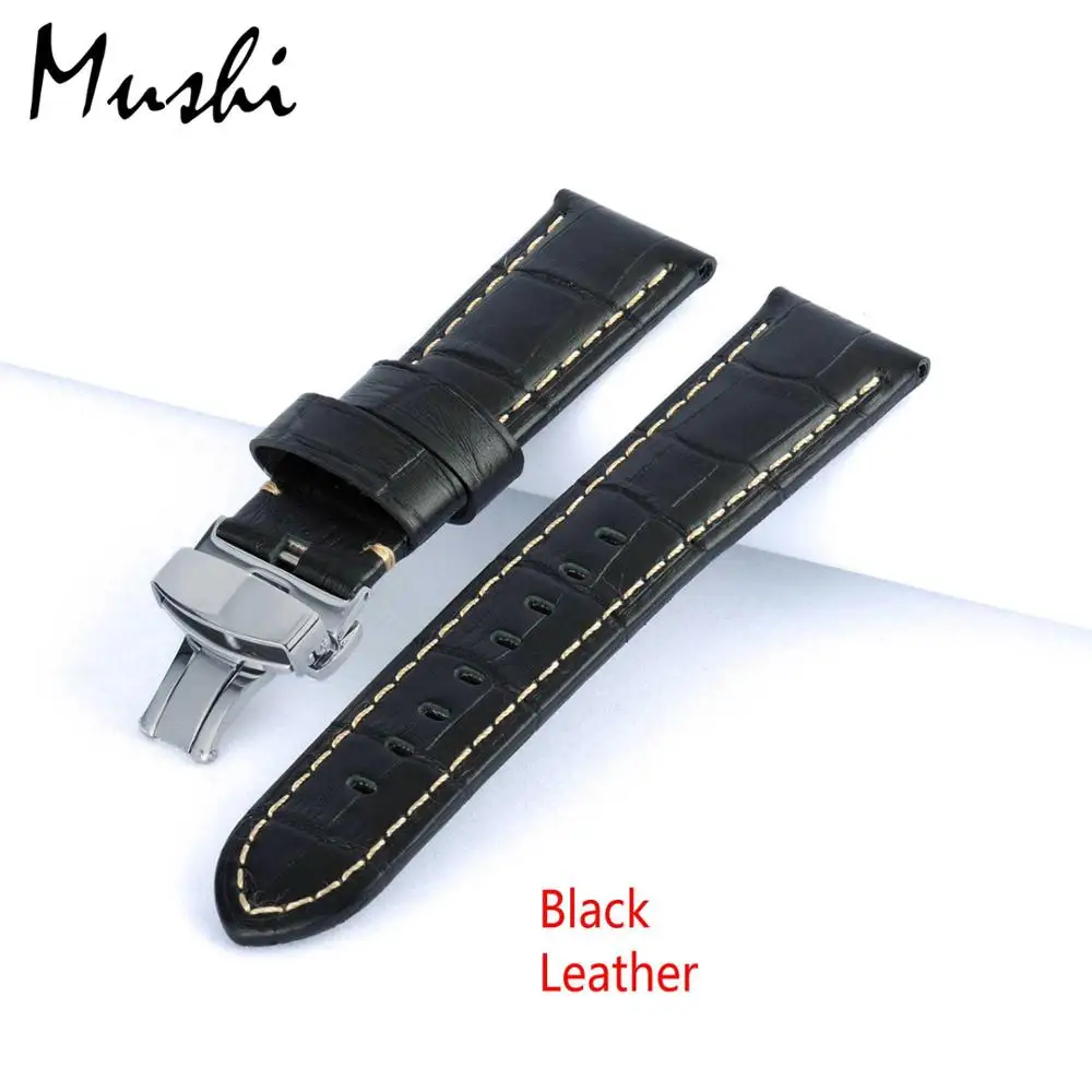 Black Leather MUSHI Ремешки для наручных часов из натуральной кожи для мужчин и женщин с бабочкой ремешки с пряжками для Panerai Ремень Пряжка из нержавеющей стали 20 22 24 26 мм - Цвет ремешка: Black Leather