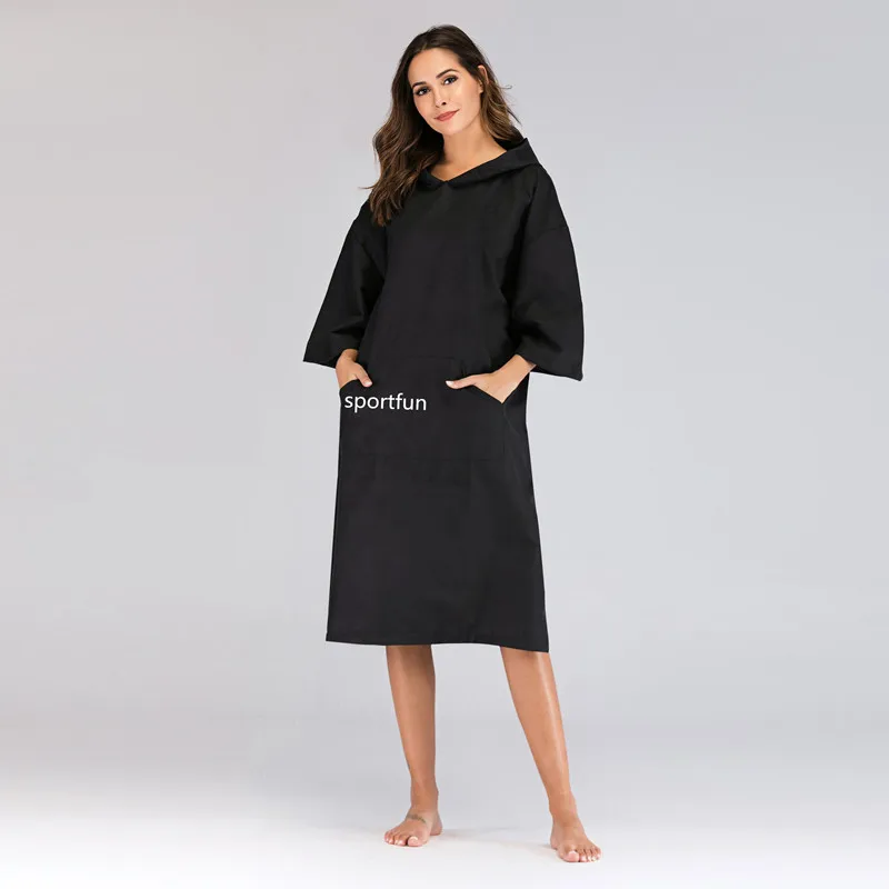 quick dry black SPORTFUN, Одноцветный халат для серфинга, пончо, полотенце, мокрая толстовка, накидка, Пляжное платье для взрослых, 110x75 см, с вышитым логотипом - Цвет: quick dry black