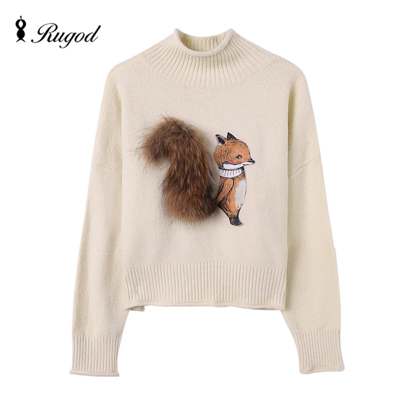 Кашемировый свитер для женщин зимние свитера и пуловеры с лисьим мехом хвостом