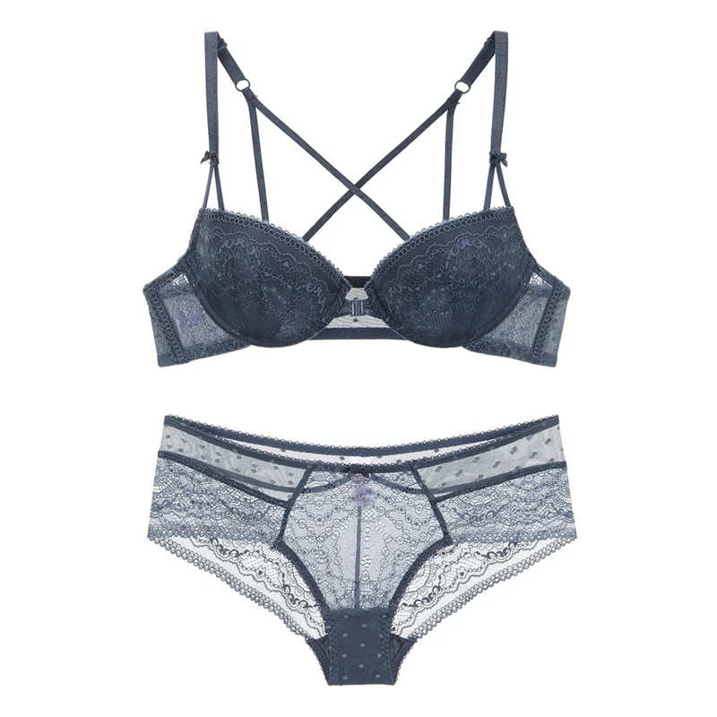 Blue Наборы бюстгальтер+ трусы, сексуальный кружевной комплект с застежкой спереди, нижнее белье на косточках с перекрестными лямками, бюстгальтер с открытой спиной и пуш-ап, женское нижнее белье, новинка - Цвет: Blue