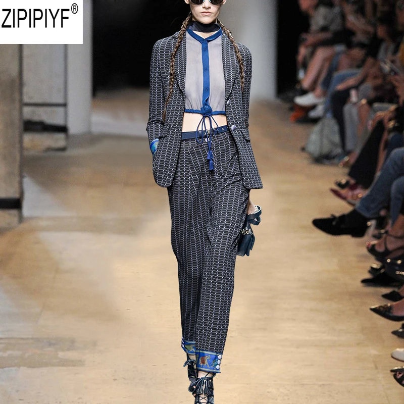 2018 Для женщин костюмы 2 шт. клетчатый Блейзер брюки отложным воротником длинный